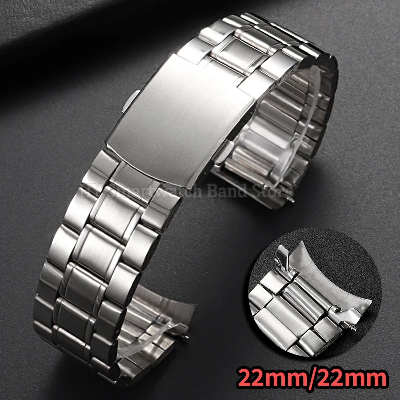 Sleek Stainless Steel Curved End Watch Band with Folding Buckle