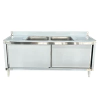 ตู้เก็บของสแตนเลสลดราคาพิเศษ พร้อมอ่างล้างจานสองอ่างและแผ่นกันน้ำกระเด็น พร้อมบานเลื่อน 3