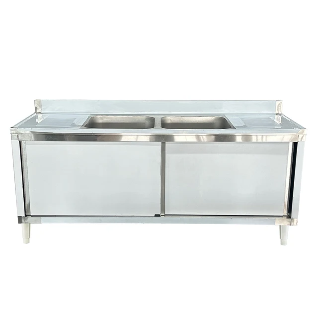 ตู้เก็บของสแตนเลสลดราคาพิเศษ พร้อมอ่างล้างจานสองอ่างและแผ่นกันน้ำกระเด็น พร้อมบานเลื่อน 3