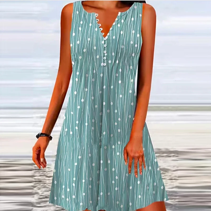KUOTAI Abito Estivo Donna Senza Maniche - Prendisole Ampio Con Scollo A V E Bottoni, Vita Elasticizzata, Linea A, Midi