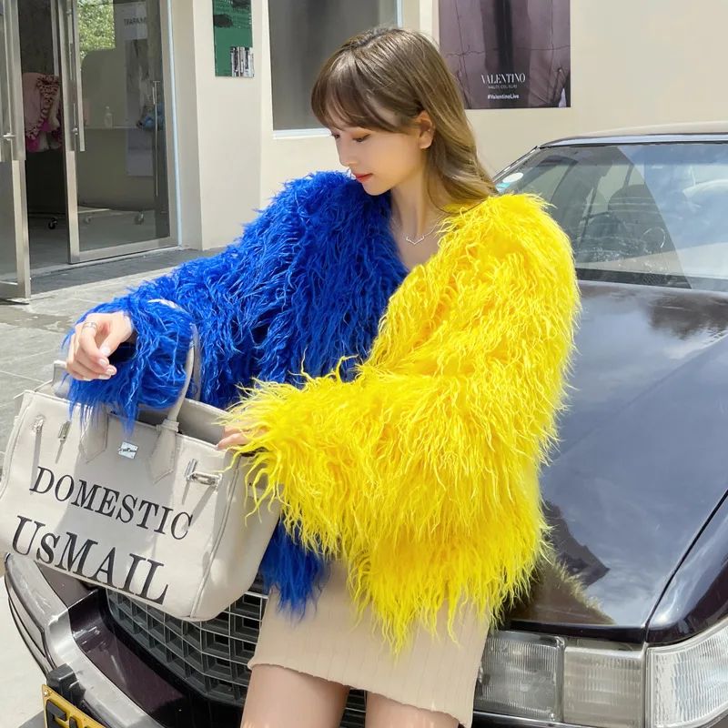 

MPPM NEW Arrival Women Spliced Colors Faux Fur Coat Female Long Sleeve O-neck Fluffy Mongolia Sheep Fur Furry Jacket