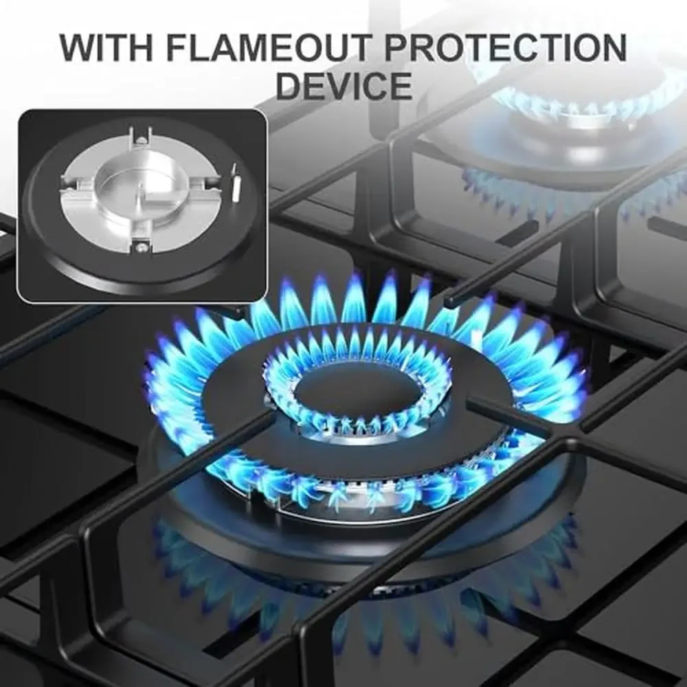 36" 5 Burner Gas Cooktop Built-in Stove Top Tempered Glass Panel NG/LPG Auto Ignition Hob Universal Nozzle Stainless Steel 5