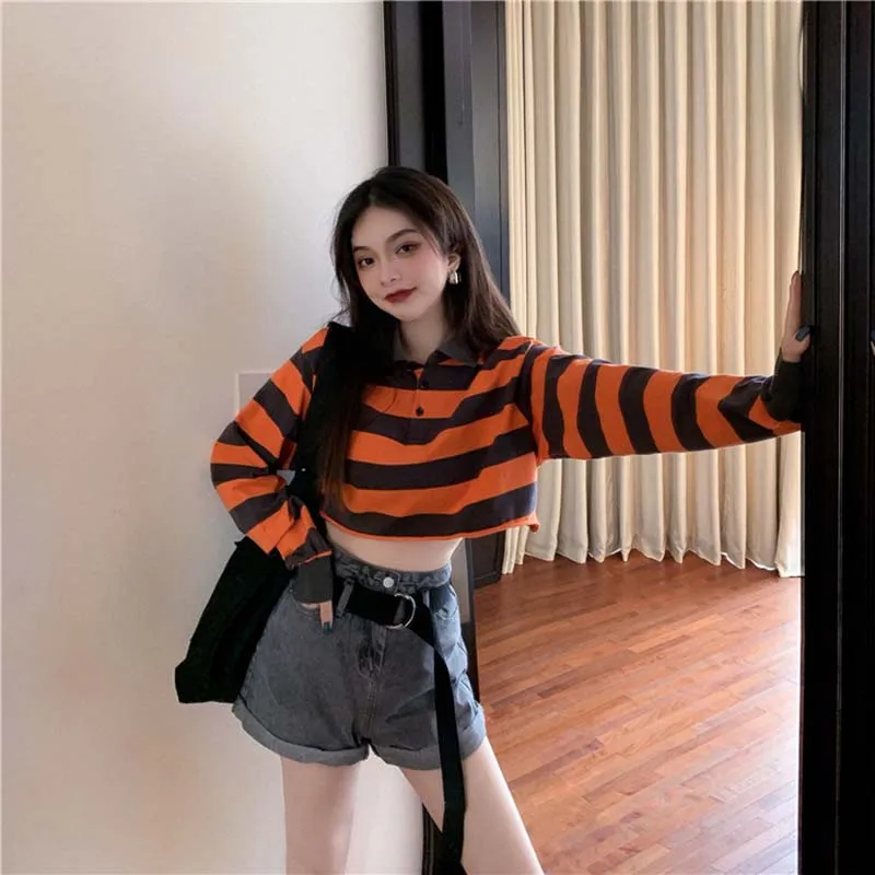 Black Stripe Collar Polo Long Sleeve Crop Top