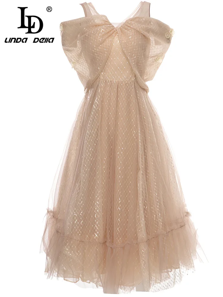 

LD LINDA DELLA 2023 Women's Runway Gorgeous Party Dress Summer Fashion Sequins Mesh Elegant Vacation Long Dress
