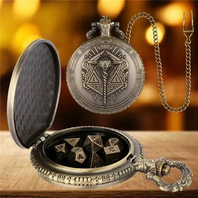Retro Magic Wand Design Pocket Watch Case Pendant Chain 7Pcs Tiny Polyhedral Metal Dice Set Table Role Play Gaming Dices
