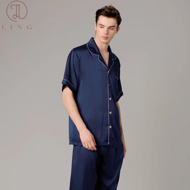Ling Silk Satin Mens Pajama Sets Two Piece Half Sleeve Men's Sleep Lounge Sleepwear Sets Spring New Silk M-XXL Size