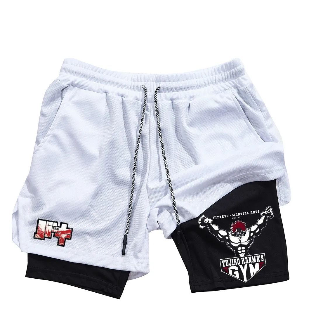 Men's and women's gym shorts, quick drying mesh shorts, animated printed Baki Hanma, sleeves, 2-in-1 4