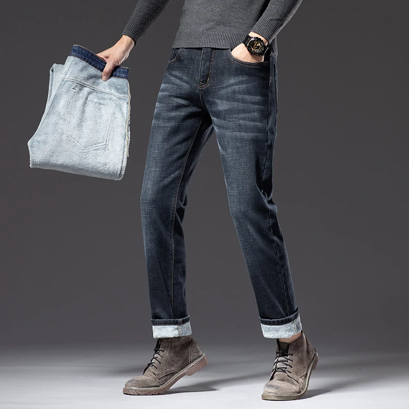Classic Style Winter Men's Fleece Warm Straight Jeans Business Fashion Cotton Denim Stretch Pants Thick Trousers Male Black Blue