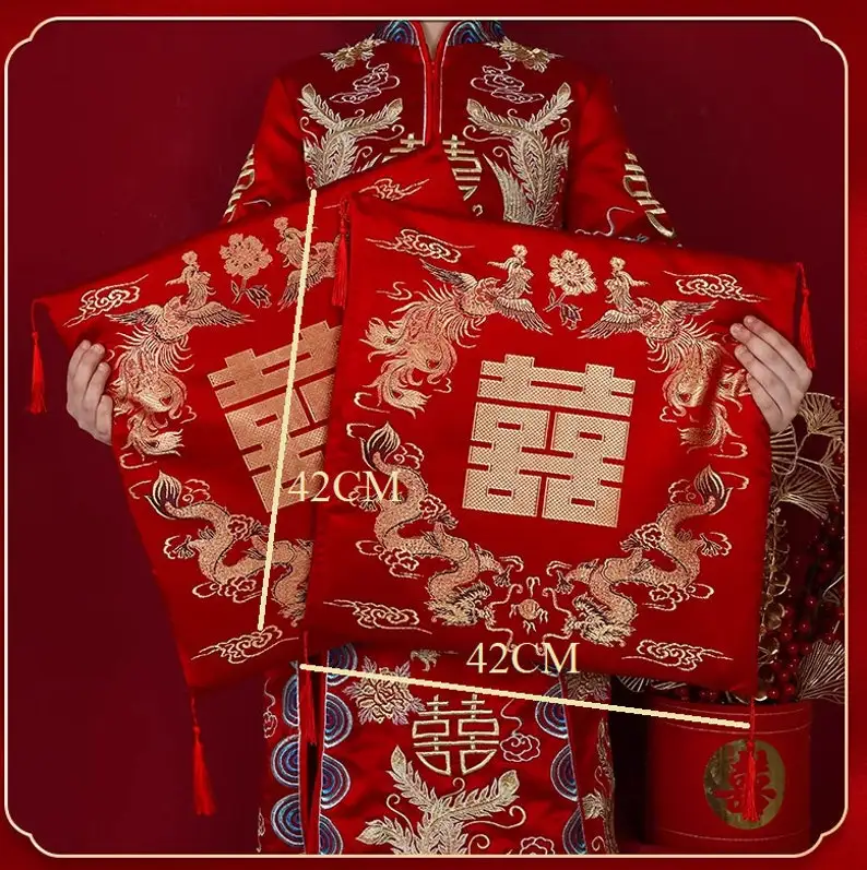 Set of 2 Chinese Wedding Tea Ceremony Red Double Happiness Dragon Phoenix Kneeling Cushion Pad Red Pad Vietnamese 4