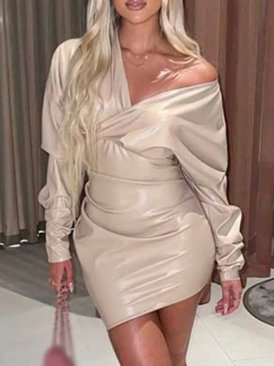 

LW party dress sexy Faux Leather V Neck Fold Design Bodycon Dress Autumn long sleeve Bodycon Dress Elegant mini dress vestido