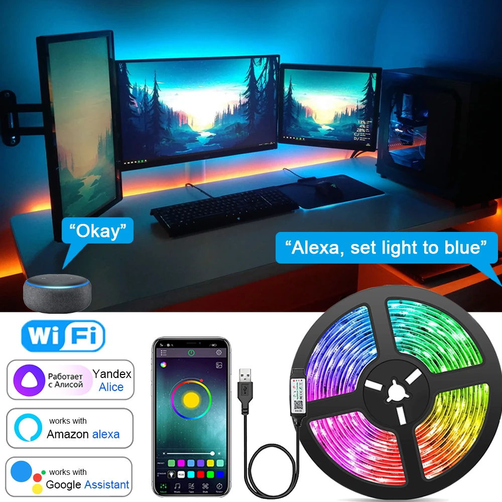 Wifi Led Strip Lights Music Sync Rgb 5050 Led Tape Alexa Smart Lights Strip For Party Room Decor