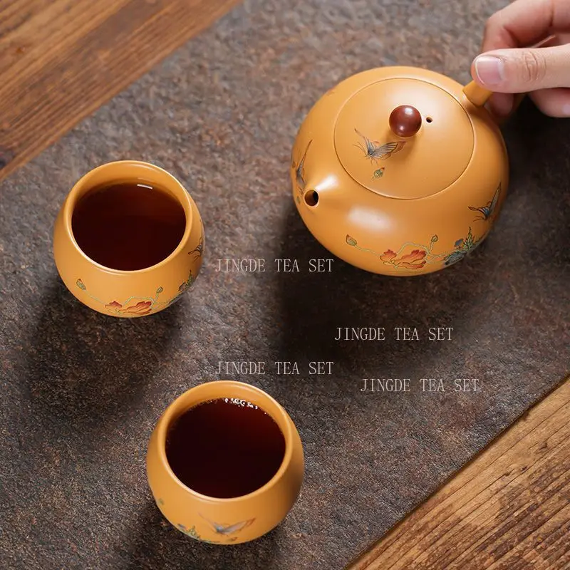 A set of purple clay teapot two cups of Xi Shi tea pot tea cup Chinese hand-painted portable Kung Fu tea set
