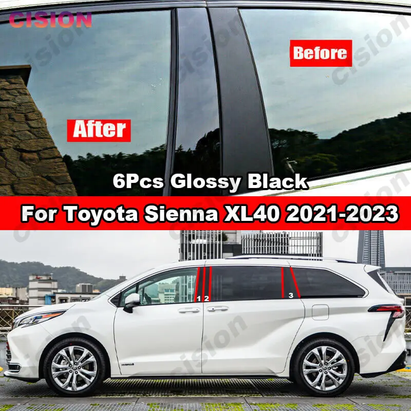 For Toyota Sienna XL40 Carbon Fiber Window Door Column Center B C Pillars Post Cover Trim Mirror Effect  Glossy Black PC Sticker