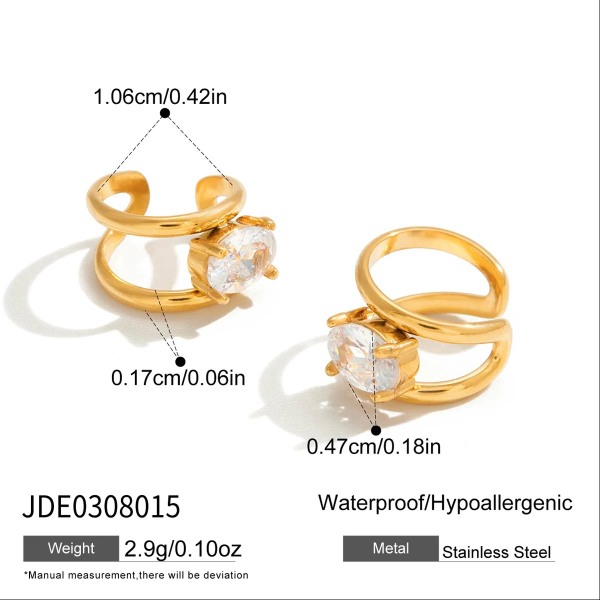 Uworld Minimalist White Zircon Two Hearts Ear Studs 18K PVD Stainless Steel Gold Color Ear Clip Women's Jewelry Gift Sb86547365f824ac78974a76681a9df4cm