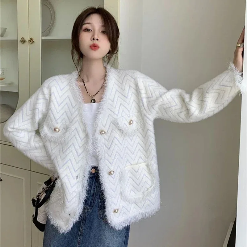 Korean Fashion Mink Cashmere Jacket Women 2023 New Long Sleeve V Neck Coat Woman Solid Color Button Up Chic Outwear Mujer