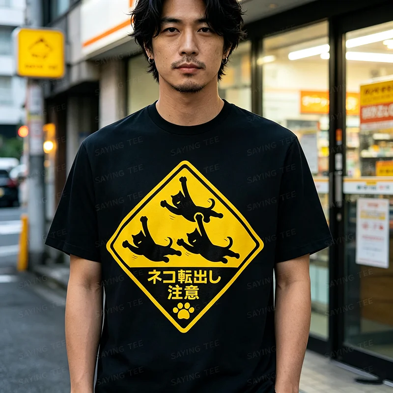 Drei schwarze Katzen fliegen auf einem Straßenschild aus Japan Lustiges T-Shirt Y2k Japanisches fliegendes Katzen-Verkehrsschild Trendiges cooles Streetwear-T-Shirt