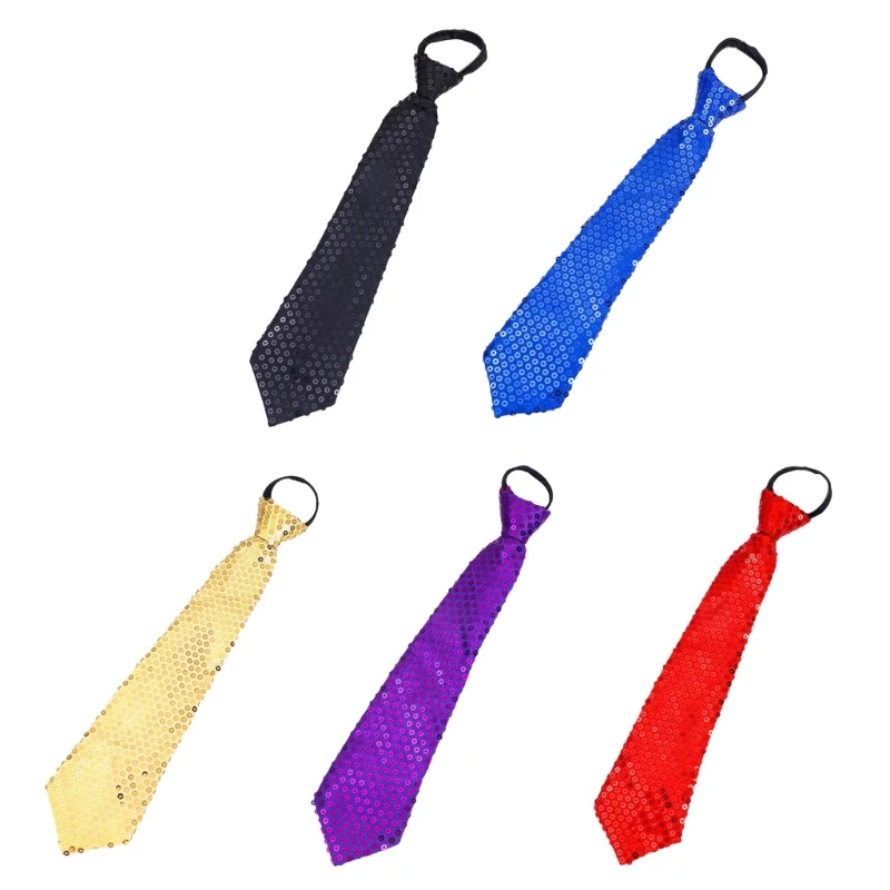 

Men Women Shining Sequins Tie Stage Glitter Adjustable Zipper Closure Necktie Fashion Party Pre-Tied Neck Wear