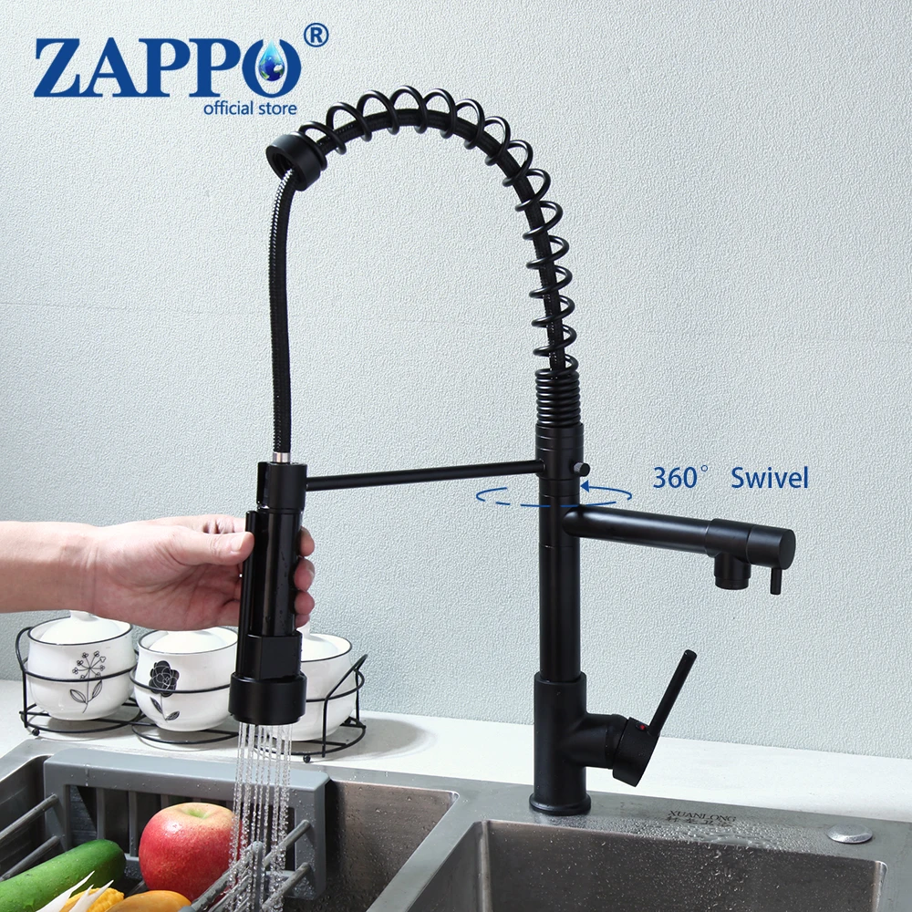 ZAPPO Matte Black Kitchen Sink Faucet W/ Spring Pull Down Hot & Cold Water Mixer Crane Tap with Dual Spout Deck Mounted Faucets