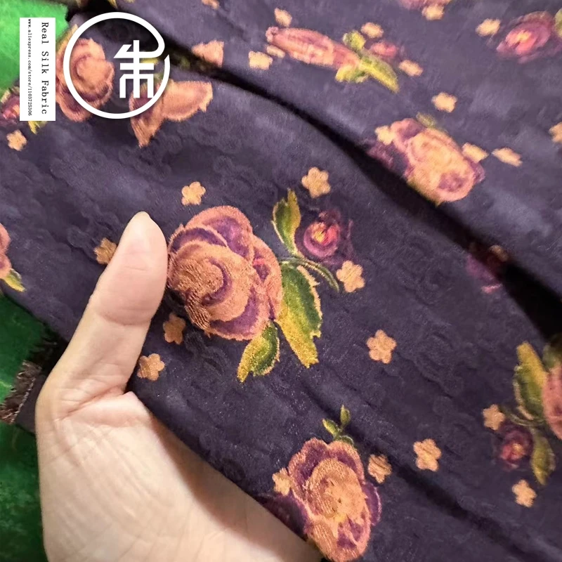 

High Quality Purple Rose Fragrant Cloud Yarn Dress Clothing Real Silk Designer Silk Fabric 30Momme Cheongsam Cloth