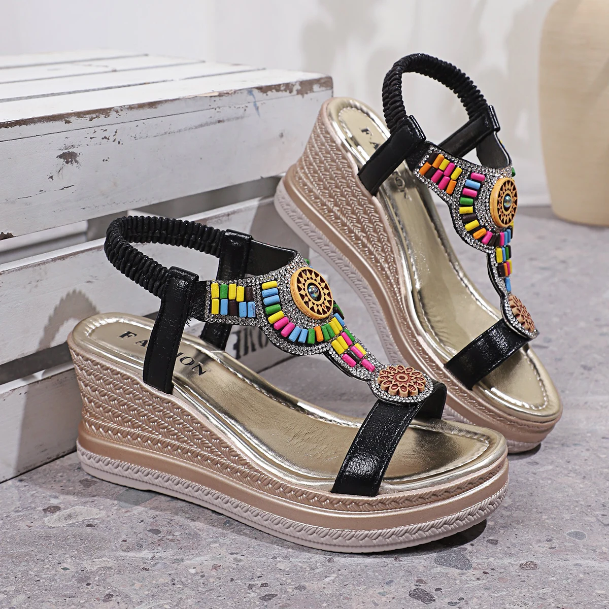 Bohemian Style Thick Bottom Wedges Sandals Women 2025 Summer Retro Chunky Platform Sandals Woman Plus Size 43 Beach Shoes Mujer