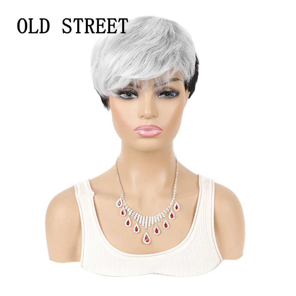 

Synthetic Short Wigs With Bangs High Density Wigs For Women Girl Heat Resistant Straight Mixed White Black Color Hair
