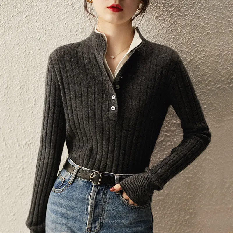 2023 Autumn/Winter New Double Layer Lapel Fake Two Piece Knit Half High Neck Loose Long Sleeve Sweet Office Lady Leisure Sweater