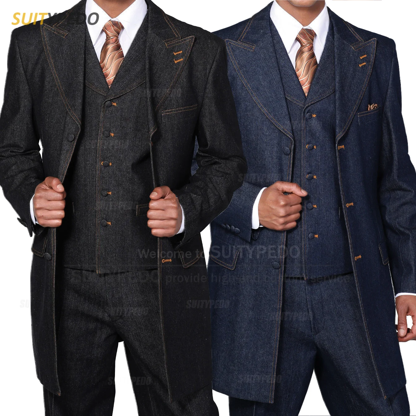Classic Blue Long Denim Men Suit Set Evening Party Casual Costumes Formal Prom Fashion Blazer Vest Pants 3 Pieces Custom Outfits 4