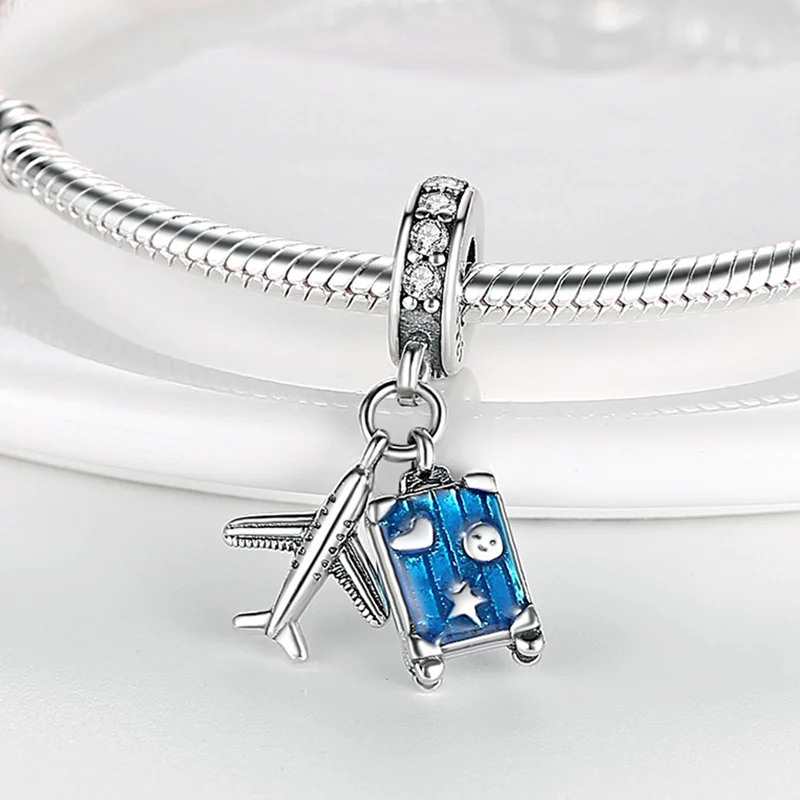 Elegant 925 Sterling Silver Airplane Blue Trunk Charm Fits Pandora Bracelet  & Necklace Girl Birthday Jewelry Gift