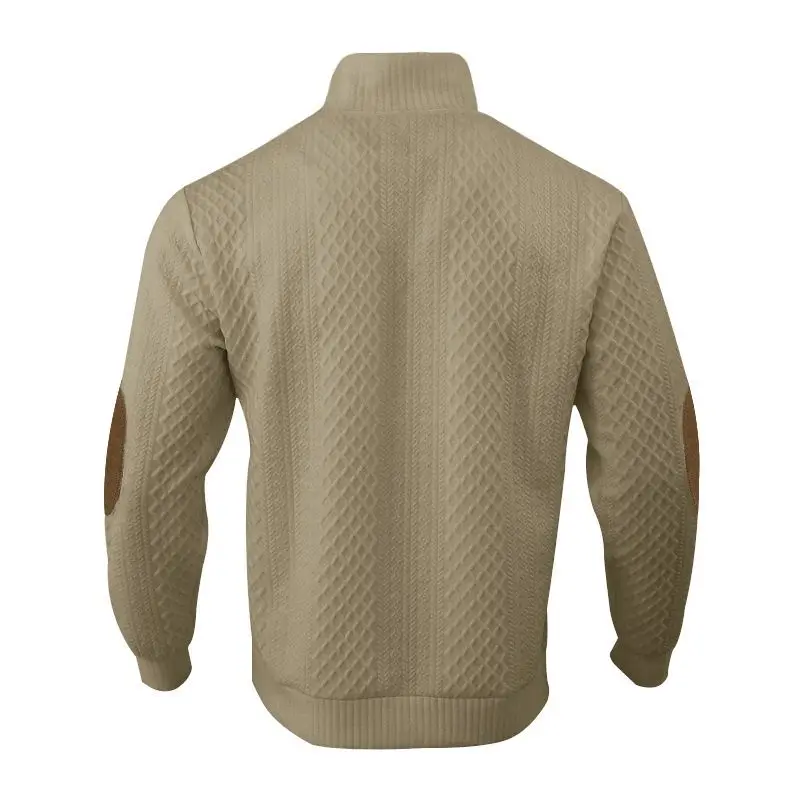 Men's Waffle Knit Quarter Zip Pullover with Contrast Trim and Elbow Patches Casual Long Sleeve Sweater