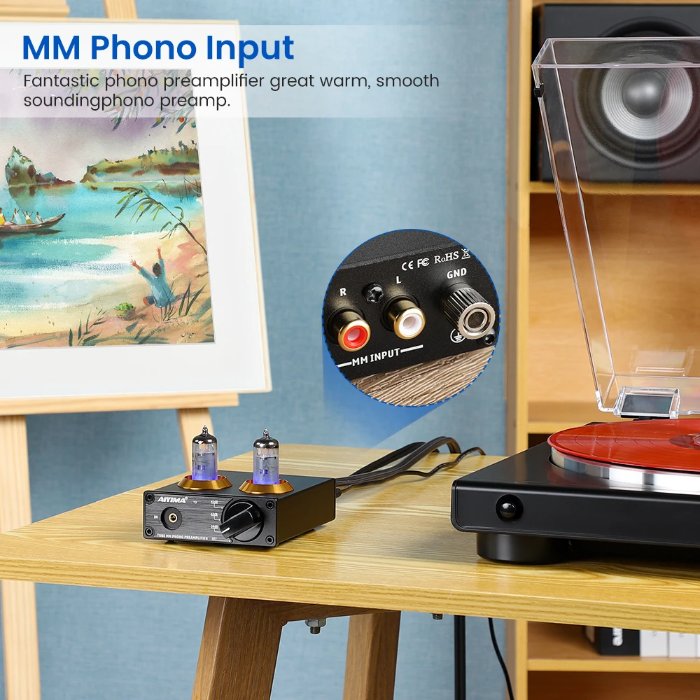 AIYIMA T3 HiFi Vacuum 6A2 Tube MM Phono Preamplifier Vinyl Record Player Stereo Tube Pre amp Amplifier Turntable Phonograph 12V 5