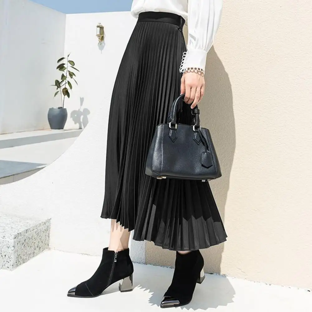 

Women Vintage Midi Skirt Wide Elastic Waistband High Waist Pleated A-Line Skirt Solid Color Smooth Satin Long Skirt Lady Vestido