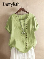 T-shirt à manches courtes en coton et lin, vintage, Harajuku, boutons, décontracté, uni, élégant, surdimensionné, streetwear, été 4