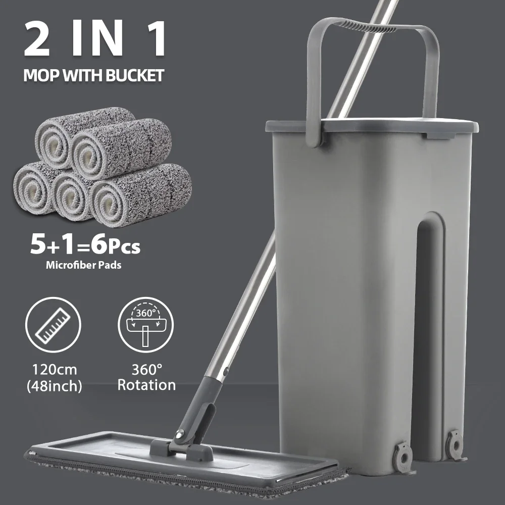 

Hand Free Flat Floor Mop And Bucket Set For Professional Home Floor Cleaning System With Washable Microfiber Pads For Hardwood