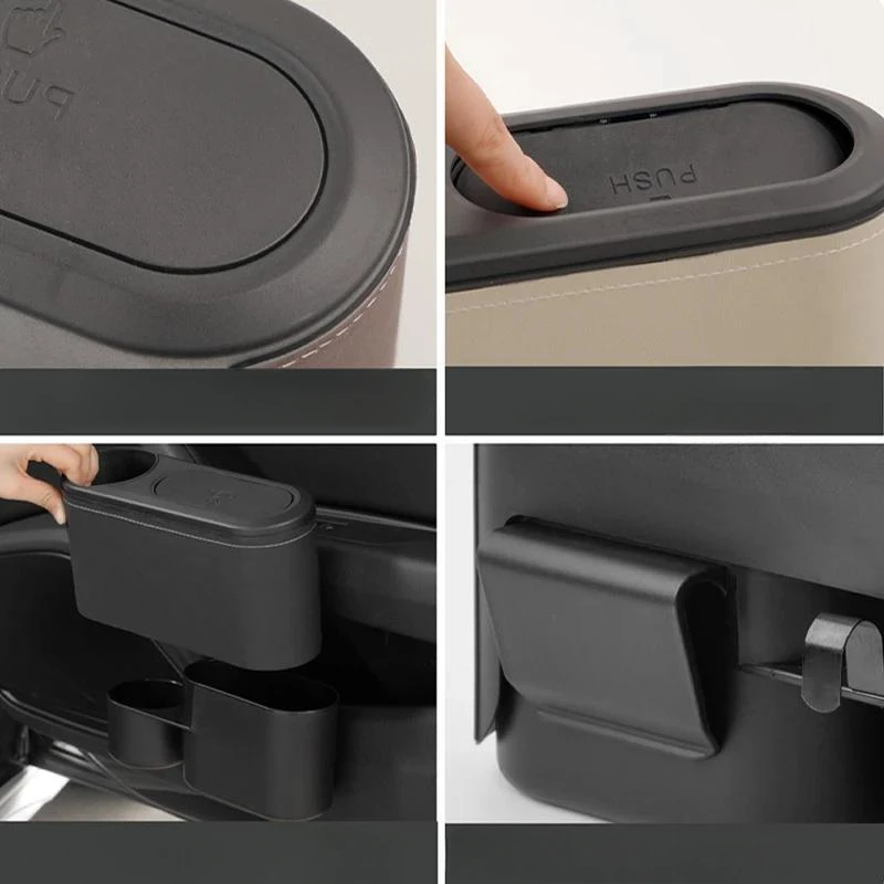 자동차 쓰레기통 교수형 쓰레기통 가죽 ABS 누르면 하드 쓰레기 상자 음료 홀더가있는 범용 후면 행 주최자