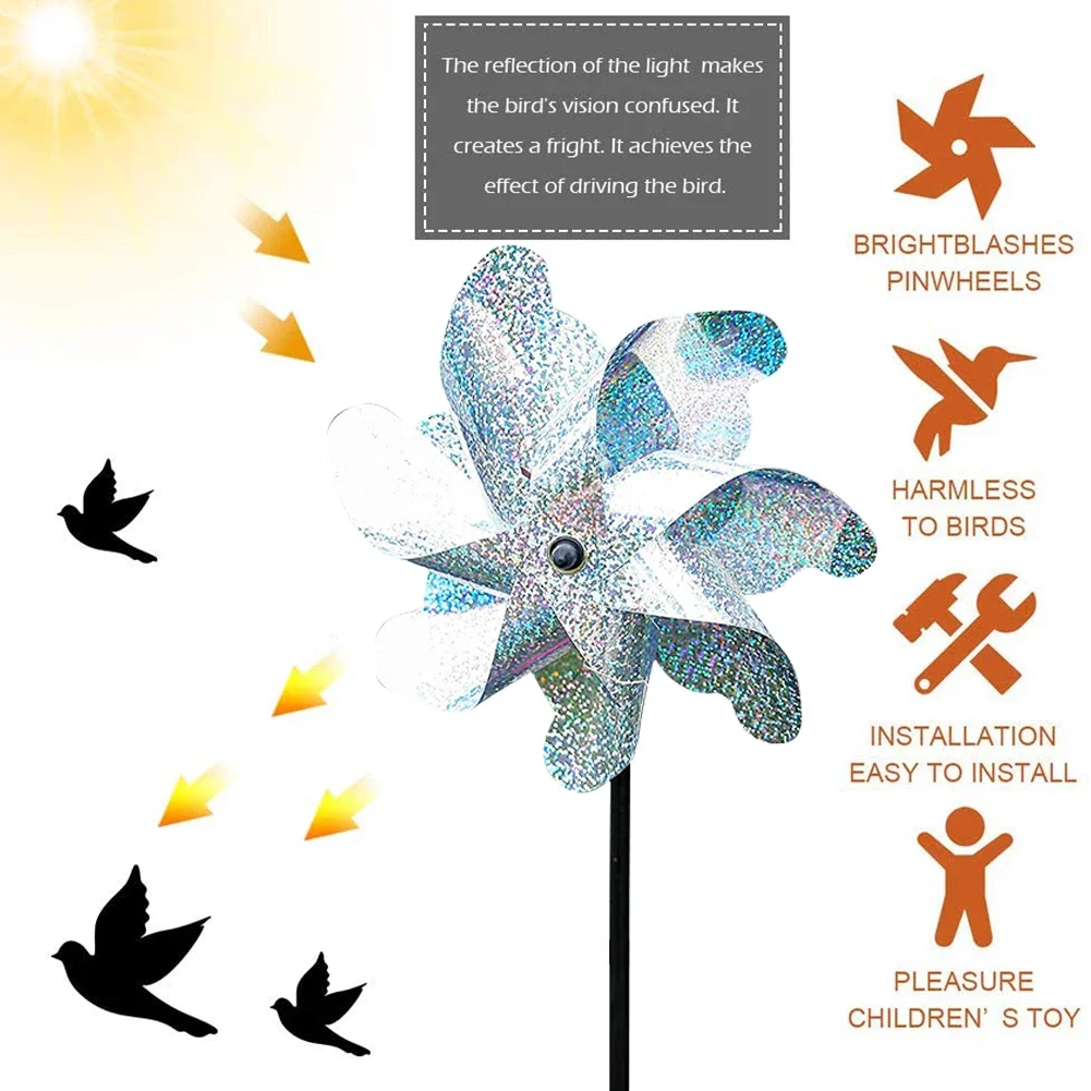 7 Leaves Bird Repeller Windmill Spinner Durable Practical Multi-functional DIY Bird Deterrent Silver Laser Pinwheel