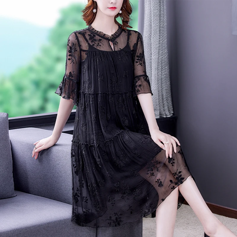 

New Self Portrait Vantage Dress 2022 Summer Design Black Mesh Embroidered Flowers Midi Dress O-Neck Short Sleeve For Women