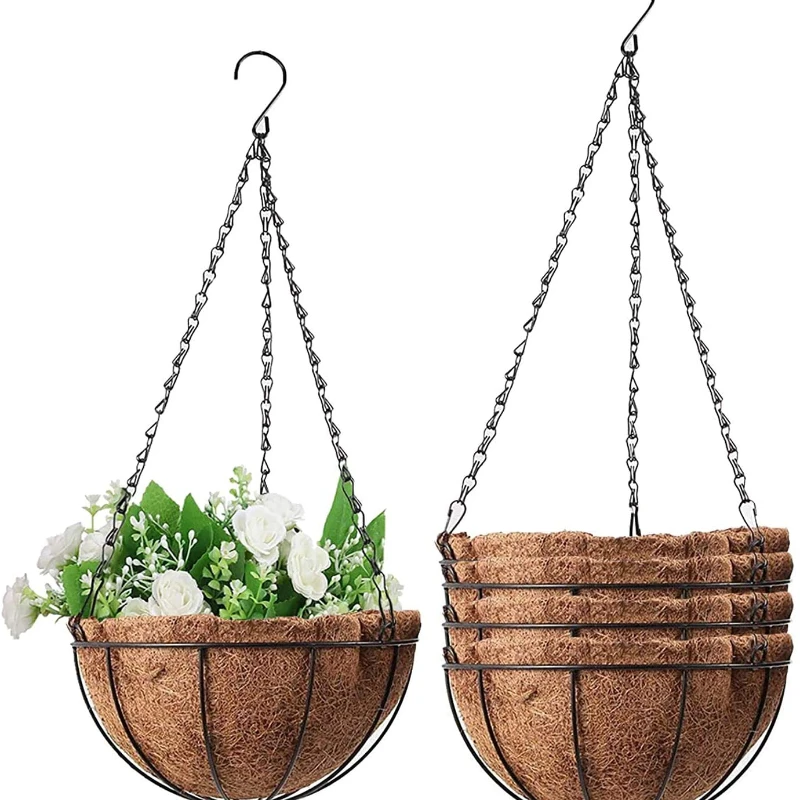 

12 Inch Indoor Outdoor Balcony Metal Hanging Planter Basket with Coconut Liner Wire Plant Holder Watering Flower Baskets Pot Han