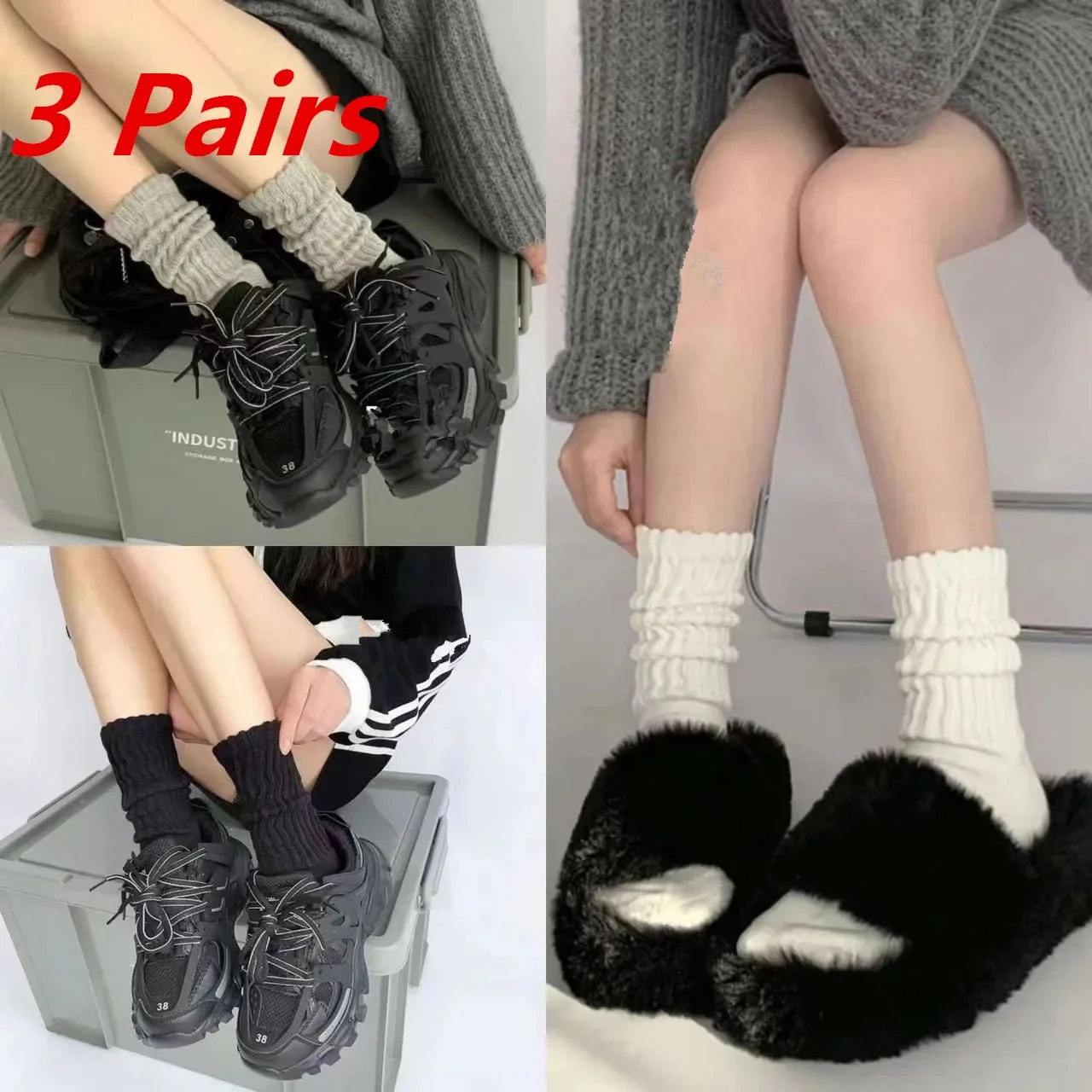 

3 Pairs Mid Length Socks Women's Fashion Lolita Bubble Socks Comfort White Black Non Pilling Autumn Girl Long Corron Socks