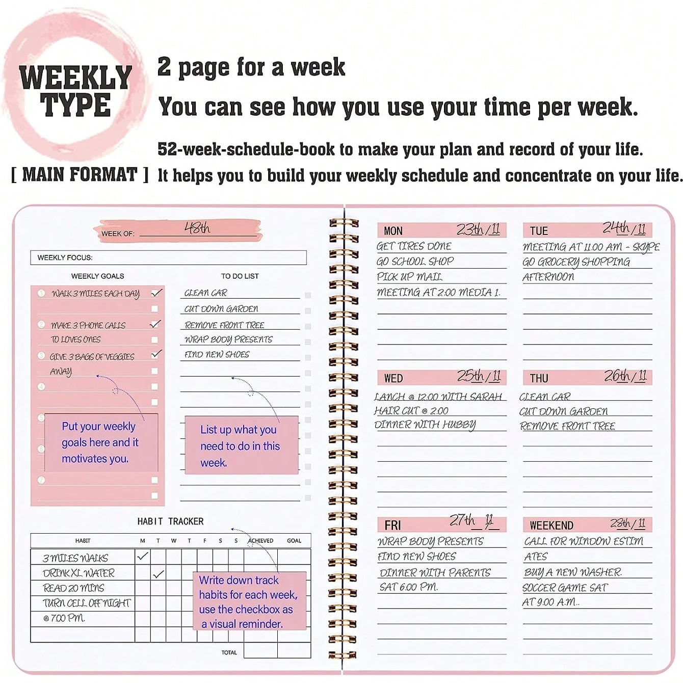 A5 Weekly Planner Notebook for 52 Weeks Spiral Agenda Daily Student Schedules Journal Stationery Office School Supplies Schedule notebook notebook diary journal notebook diary