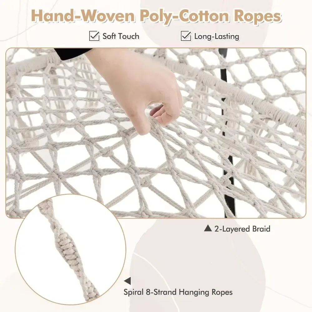 2-Person Hanging Hammock Chair, Boho Style Macrame Hammock Swing with Soft Cushions,  Indoor Outdoor Cotton Rope. 3