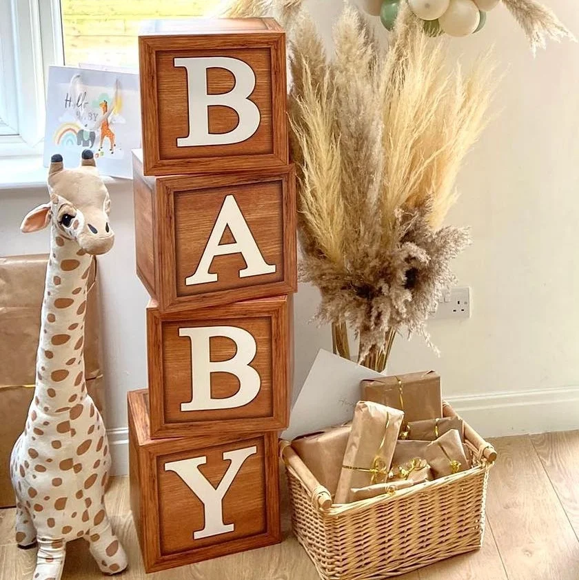 Wood Baby Shower Boxes for Birthday Party Decorations - 4 Wood Grain Brown  Blocks with Printed BABY Letters, Gender Reveal Backdrop,Teddy Bear Baby