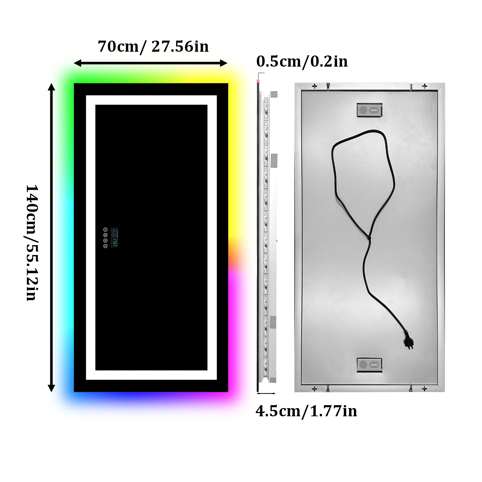 120/140cm Rectangular LED Bathroom Mirror Front-lit and RGB Backlight Antifog Vanity Mirror with Date & Time Bluetooth Speaker