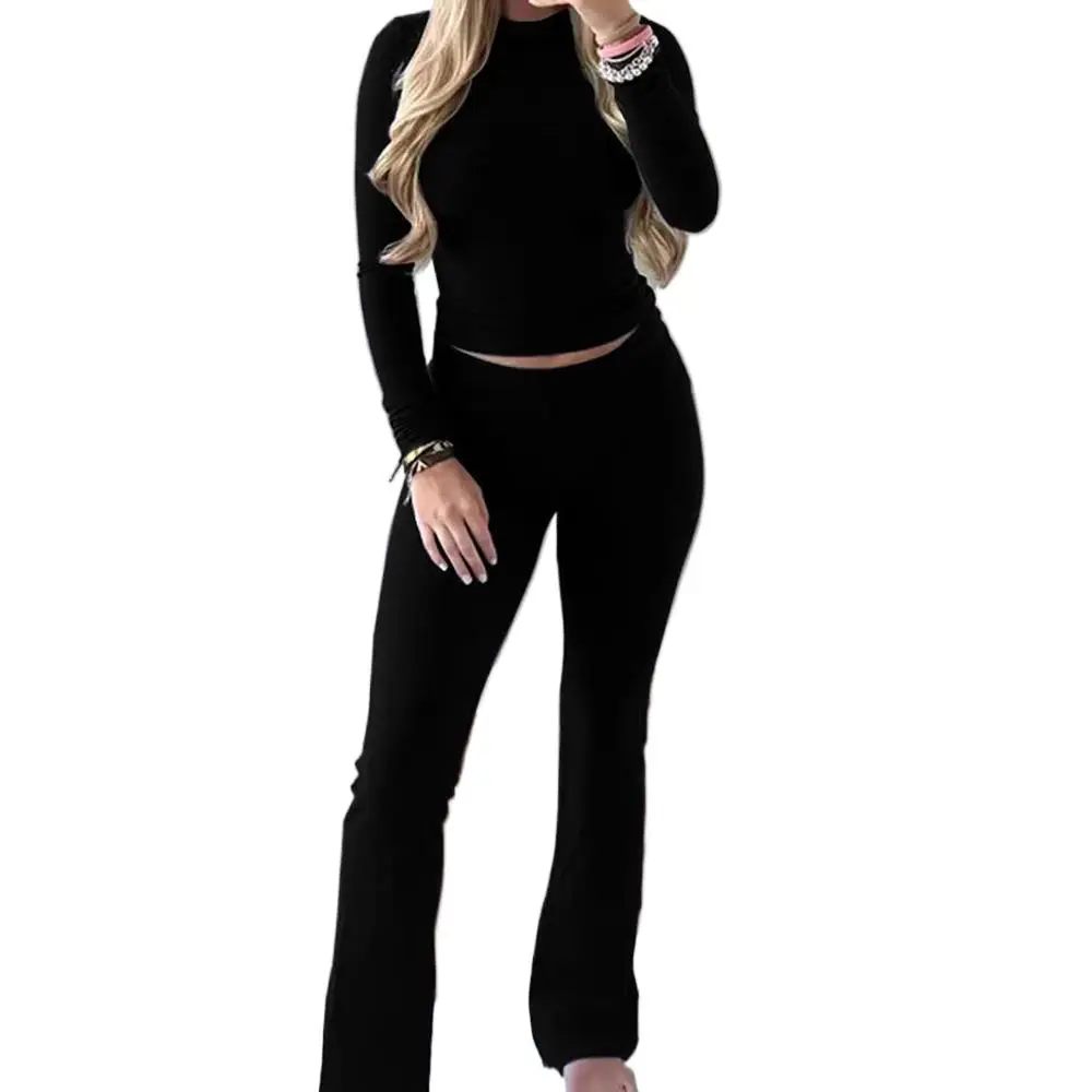Women Two Piece Chic Sets Long Sleeve Cropped Tshirt and High Waist Fitness Pants