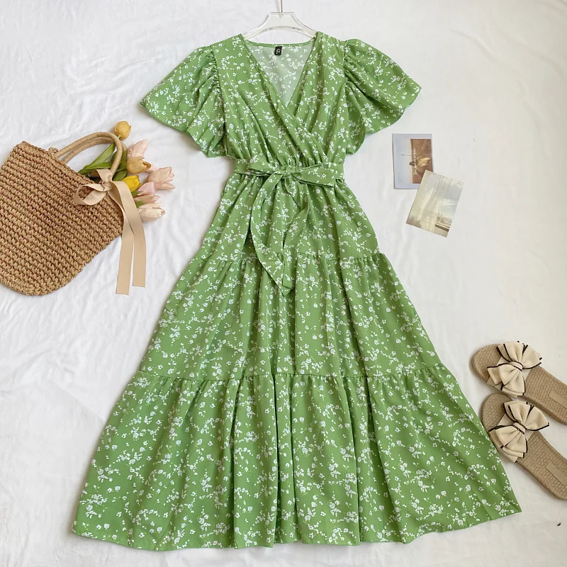 

Floral Ruffle Design Dress Women's Summer V-Neck Flared Sleeve Midi Beach Dresses Women 2023