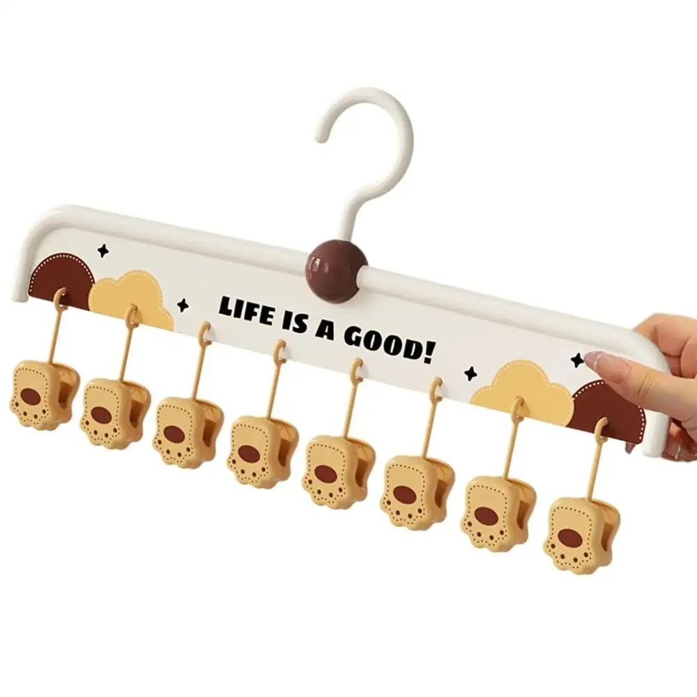 8 Clip Baby Clothes Hangers Portable Multifunctional Clothes Drying Rack Cartoon Paw Shape Rotatable Hanging Sock Clips Bedroom