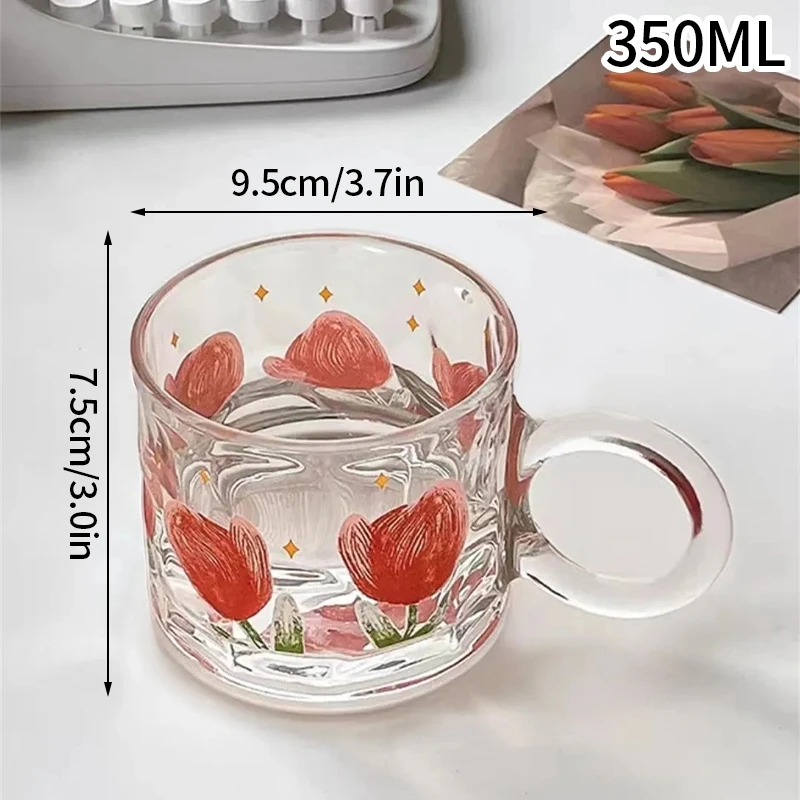 3D Rose Glass Cup with Handle Household Breakfast Cup for Juice Coffee  Clear Mug cute Tea Milk Cup copas de cristal de colores