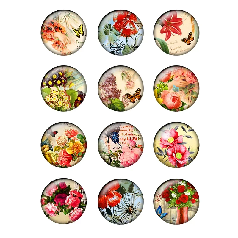 

12pcs Wholesale Lots Bulk Flower Pattern Glass Cabochons 10mm-25mm Glass Dome for DIY Jewelry Making Earrings Findings T147