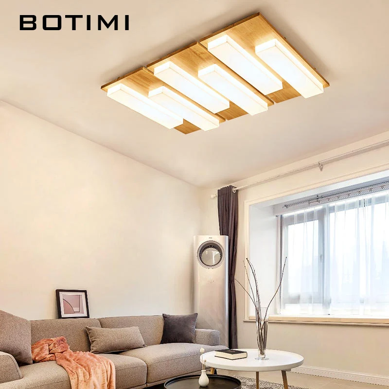 BOTIMI Rectangle Wooden LED Ceiling Lights With Dimmable Remote Control For Foyer Wooden Surface Mounted Bedroom Ceiling Lamps