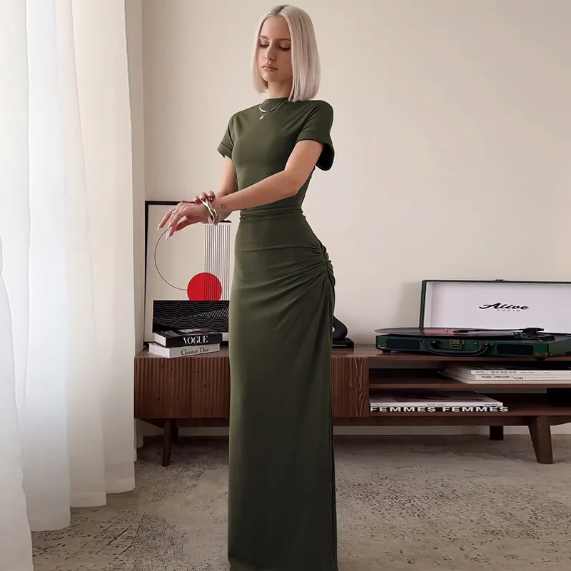 Women's Elegant O Neck Maxi Dress Short Sleeve Slim High Waist Shirring Dress Sexy Side Slit Evening Club Bodycon Dress Lady