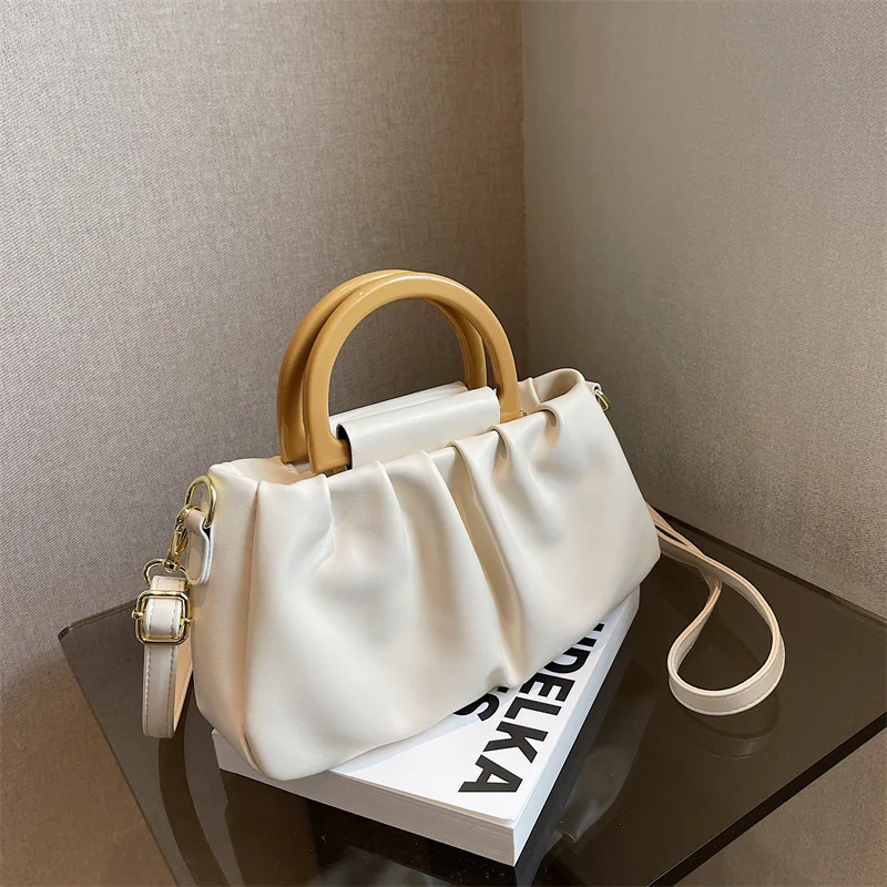 

Women's One Shoulder Bag Retro PU Leather Large Capacity Pleated Female Spring Summer Travel Fashion Solid Handbags